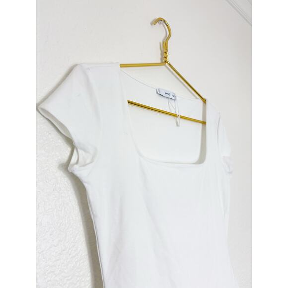 Mango White Bubble Hem Mini Dress Size Small Square Neck Stretch - Picture 7 of 14